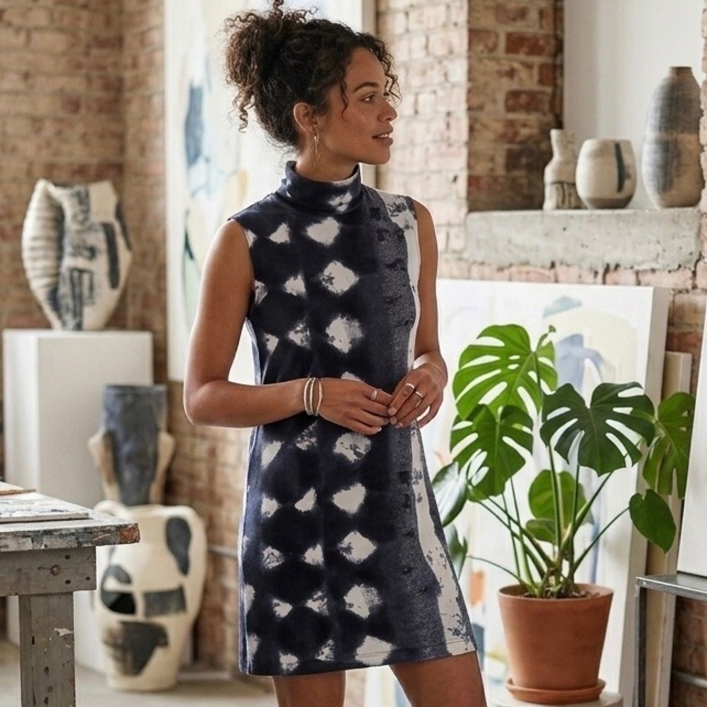 Clara Sunwoo Womens XS Mock Neck Sleeveless Shift Dress Navy White Tie Dye Print